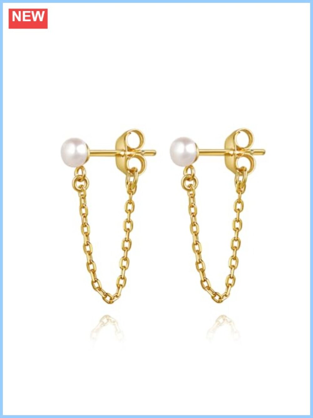 18K Gold Plated Sterling Silver Pearl Chain Stud Earrings Hypoallergenic